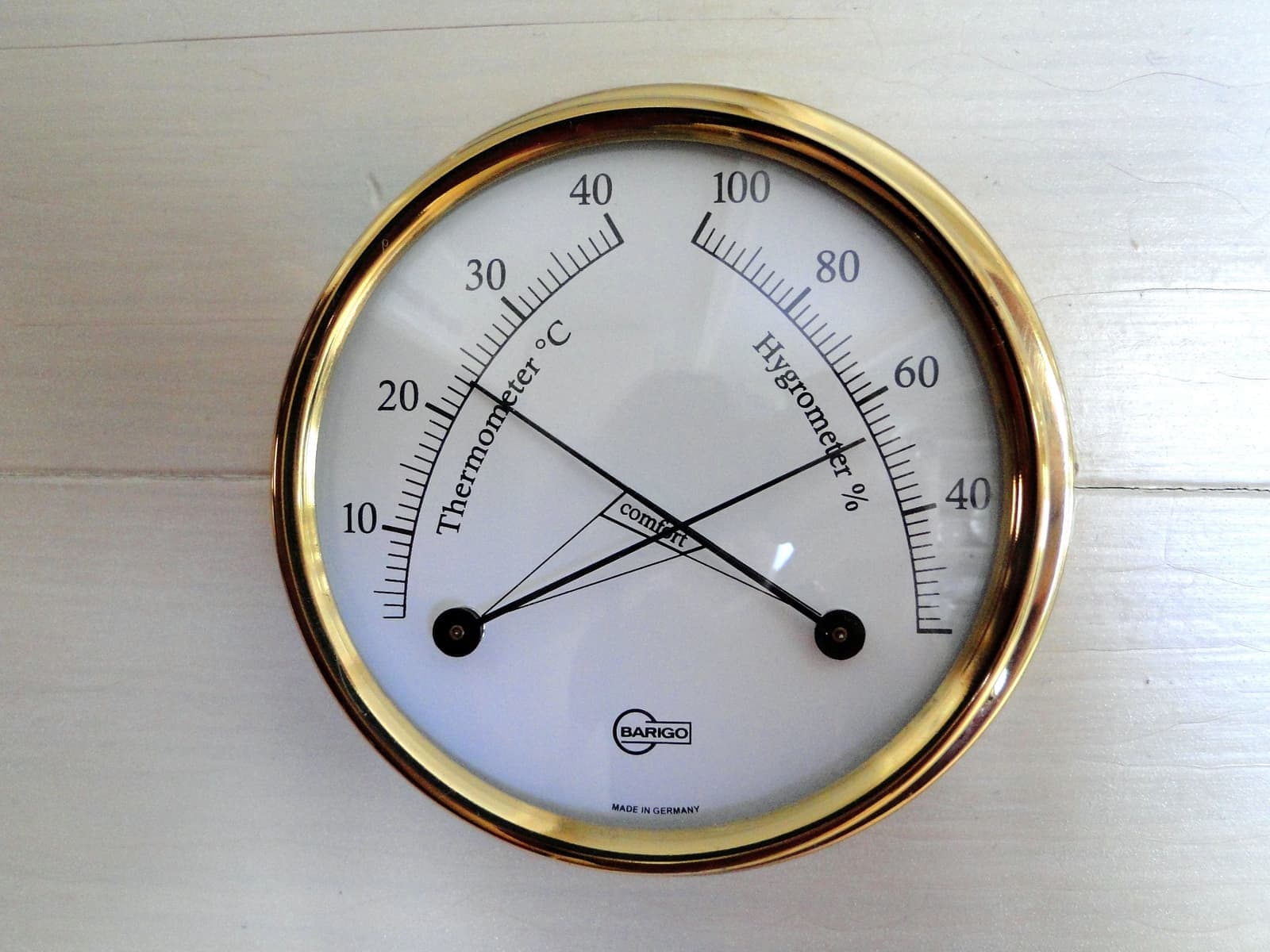 A small digital hygrometer resting on a wooden shelf in a quiet room