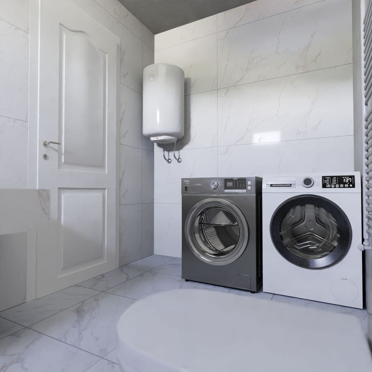 A portable dehumidifier on a basement floor beside a painted wall - a stand-in for the Midea Cube 35-Pint, not a photograph of this model